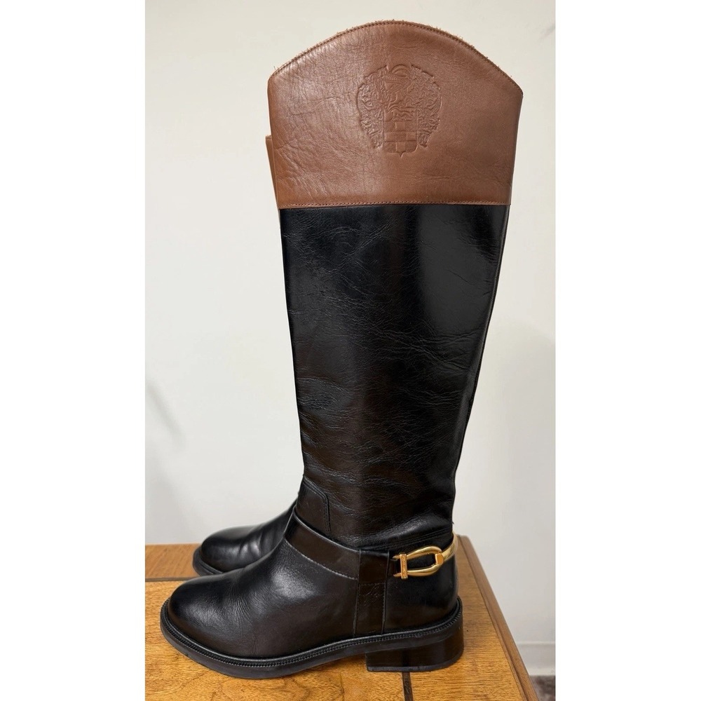 Vtg Vince Camuto Women's 7 Amanyir Knee‎ High Boot Black Brown Leather Gold